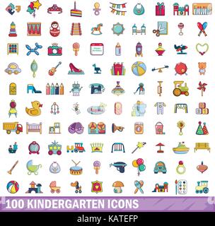 100 kindergarten icons set, cartoon style  Stock Vector