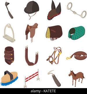 Horse sport equipment icons set, isometric style Stock Vector