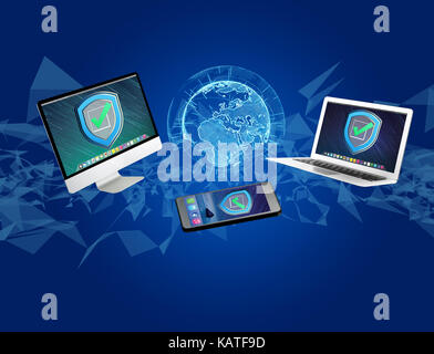 View of a Security shield symbol over a network connection of different devices - Technology concept Stock Photo
