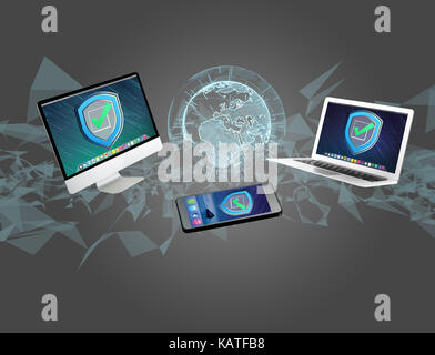View of a Security shield symbol over a network connection of different devices - Technology concept Stock Photo