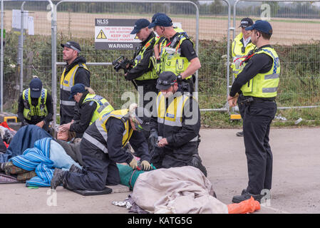 Kirby Misperton, UK. 27th Sep, 2017. Protestors stage a 'lock-on' in the gate way to Third Energy's fracking site at Kirby Misperton Credit: Richard Burdon/Alamy Live News Stock Photo