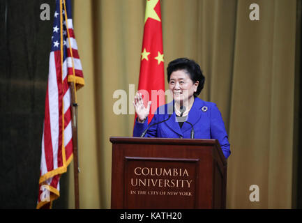 New York, USA. 26th Sep, 2017. Visiting Chinese Vice Premier Liu Yandong delivers a keynote speech at the opening ceremony of the China-U.S. University Presidents and Think Tank Forum at Columbia University in New York City, the United States, Sept. 26, 2017. Credit: Wang Ying/Xinhua/Alamy Live News Stock Photo