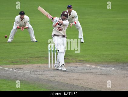 Manchester  UK  27th September 2017  Mark Stoneman (surrey) pulls on his way to 98 on the  third day of the final County Championship match of the 2017 season at Emirates Old Trafford between Lancashire and Surrey. Both sides are fighting for second position in the County Championship, with Essex already having won the title. Stock Photo