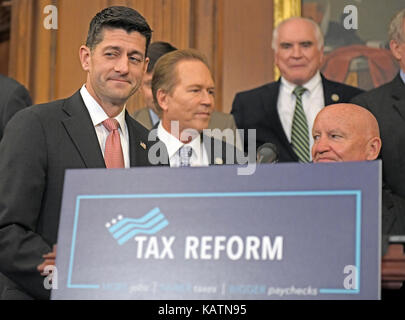 Washington DC, USA. 27th Sep, 2017. The Speaker of the United States House Paul Ryan (Republican of Wisconsin) prepares to make remarks as US Senate and House Republicans announce the new tax reform plan endorsed by US President Donald J. Trump in the US Capitol in Washington, DC on Wednesday, September 27, 2017. Credit: Ron Sachs/CNP /MediaPunch Credit: MediaPunch Inc/Alamy Live News Stock Photo