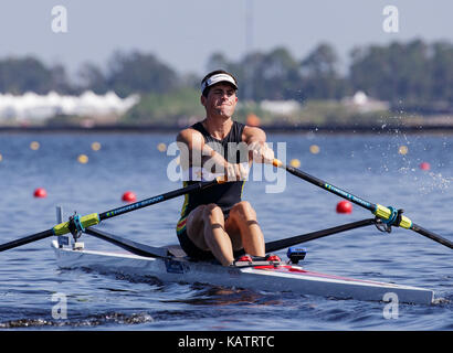 Sarasota-Bradenton, Florida, USA. 27th Sep, 2017. Stephen Cox of Team Zimbabwe during the (M1x) Men's Single Sculls - Semifinal in the World Rowing Championships being held at Nathan Benderson Park in Sarasota-Bradenton, Florida. Del Mecum/CSM/Alamy Live News Stock Photo