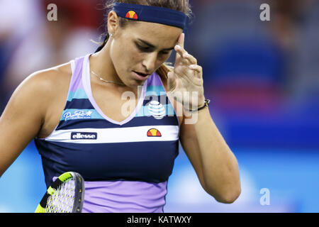 Wuhan, China. 27th Sep, 2017.  (EDITORIAL USE ONLY. CHINA OUT).Latvian professional tennis player Jelena Ostapenko defeats Puerto Rican professional tennis player Monica Puig 2-1 at WTA Wuhan Open in Wuhan, central China's Hubei Province. Credit: SIPA Asia/ZUMA Wire/Alamy Live News Stock Photo