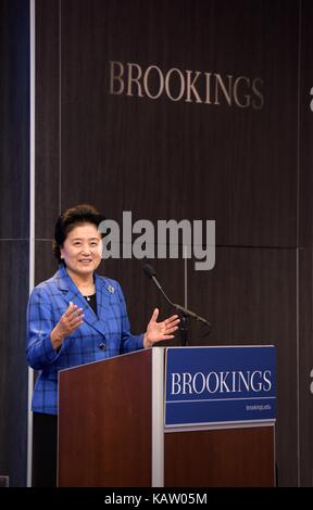 Washington, DC, USA. 27th Sep, 2017. Chinese Vice Premier Liu Yandong speaks at the China-U.S. Innovation-Driven Development Forum at the Brookings Institution in Washinton D.C. Sept. 27, 2017. China's innovation is all-round, inclusive, open and win-win, Liu Yandong said. Credit: Yin Bogu/Xinhua/Alamy Live News Stock Photo