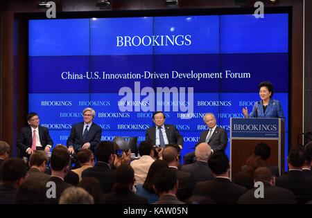 Washington, DC, USA. 27th Sep, 2017. Chinese Vice Premier Liu Yandong speaks at the China-U.S. Innovation-Driven Development Forum at the Brookings Institution in Washinton D.C. Sept. 27, 2017. China's innovation is all-round, inclusive, open and win-win, Liu Yandong said. Credit: Yin Bogu/Xinhua/Alamy Live News Stock Photo