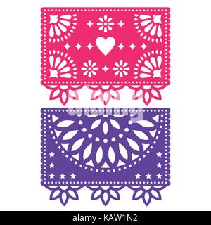 Papel Picado vector template design set, Mexican paper decorations flowers and geometric shapes, two party banners Stock Vector
