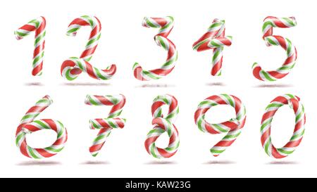 Numbers Sign Set Vector. 3D Numerals. Figures 1, 2, 3, 4, 5, 6, 7, 8, 9, 0. Christmas Colours. Red, Green Striped. Classic Xmas Mint Hard Candy Cane. New Year Design. Isolated On White Illustration Stock Vector
