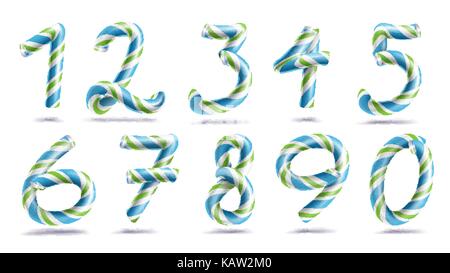 Numbers Sign Set Vector. 3D Numerals. Figures 1, 2, 3, 4, 5, 6, 7, 8, 9, 0. Christmas Colours. Blue, Green Striped. Classic Xmas Mint Hard Candy Cane. New Year Design. Isolated On White Illustration Stock Vector