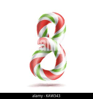 8, Number Eight Vector. 3D Number Sign. Figure 8 In Christmas Colours. Red, White, Green Striped. Classic Xmas Mint Hard Candy Cane. New Year Design. Isolated On White Illustration Stock Vector