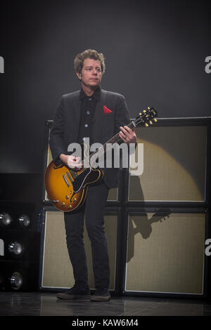 The American punk rock band Green Day performs a live concert at Oslo Spektrum. Here guitarist Jason White is seen live on stage. Norway, 25/01 2017. Stock Photo