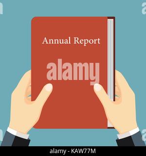 Businessmen holding book, annual report in hand, Financial analysis, statistics. Vector illustration, flat design. Statistics concept. Stock Vector
