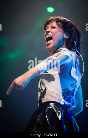 The Swedish electro house and synthpop duo Icona Pop performs a live concert at the Danish music festival Roskilde Festival 2014. The duo consist of the members Caroline Hjelt and Aino Jawo (pictured). Denmark, 05/07 2014 Stock Photo