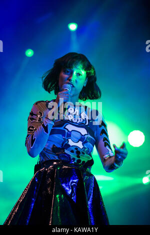 The Swedish electro house and synthpop duo Icona Pop performs a live concert at the Danish music festival Roskilde Festival 2014. The duo consist of the members Caroline Hjelt and Aino Jawo (pictured). Denmark, 05/07 2014 Stock Photo