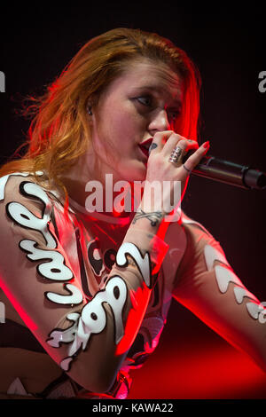 The Swedish electro house and synthpop duo Icona Pop performs a live concert at the Danish music festival Roskilde Festival 2014. The duo consist of the members Caroline Hjelt (pictured) and Aino Jawo. Denmark, 05/07 2014 Stock Photo