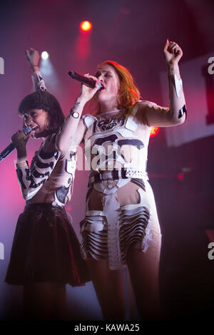 The Swedish electro house and synthpop duo Icona Pop performs a live concert at the Danish music festival Roskilde Festival 2014. The duo consist of the members Caroline Hjelt (R) and Aino Jawo (L). Denmark, 05/07 2014 Stock Photo