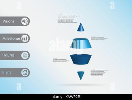 3D illustration infographic template with motif of two spike cone horizontally divided to four blue slices with simple sign and text on side in bars.  Stock Vector
