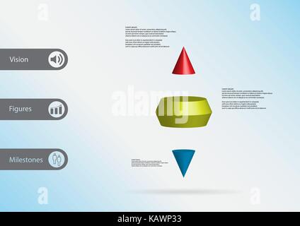 3D illustration infographic template with motif of two spike cone horizontally divided to three color slices with simple sign and text on side in bars Stock Vector