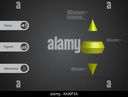 3D illustration infographic template with motif of two spike cone horizontally divided to three green slices with simple sign and text on side in bars Stock Vector