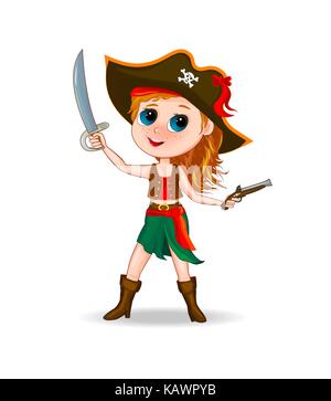 Cute girl pirate. Little girl in a pirate costume. Cartoon girl dressed in  a pirate costume , with hat on head and sword in hand Stock Vector Image &  Art - Alamy