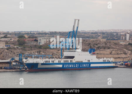 Grimaldi Lines Eurocargo Malta Ro-Ro Cargo Ship moored in Grand Harbour Valetta Malta Stock Photo