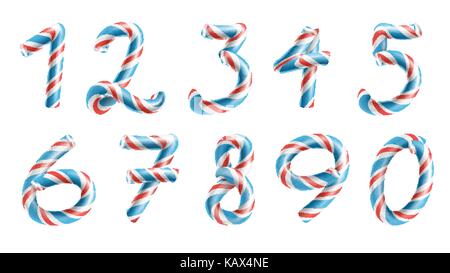 Numbers Sign Set Vector. 3D Numerals. Figures 1, 2, 3, 4, 5, 6, 7, 8, 9, 0. Christmas Colours. Red, Blue Striped. Classic Xmas Mint Hard Candy Cane. New Year Design. Isolated On White Illustration Stock Vector