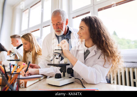 Senior teacher teaching biology to students in laboratory. Stock Photo