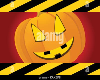 Halloween Red Background with Black and Yellow Striped Frame and Creepy Pumpkin Face Stock Vector
