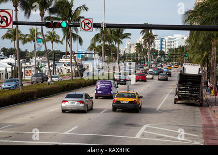 Miami Beach, Florida.  Collins Avenue, North Beach.  Indian Creek on left. Stock Photo