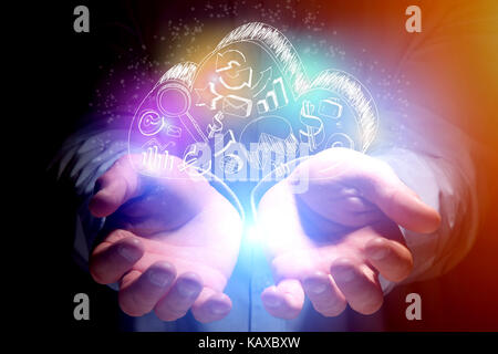 Concept view of cloud storage icon flying out hands of a man - technology concept Stock Photo