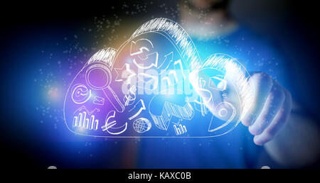 View of a Man touching hand drawn business icons on a cloud on a technology futuristic interface Stock Photo