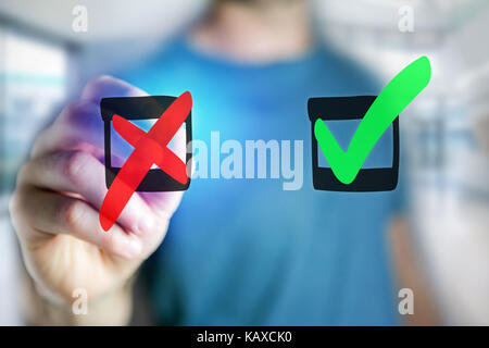 View of a Man hand drawing red and green tick icon on a futuristic interface - technology concept Stock Photo
