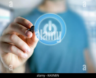 View of a Power button symbol displayed on a futuristic interface - Technology and energy concept Stock Photo