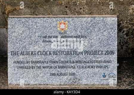 Inscription at the base of the iconic Albert Clock memorial tower built in 1862, a historic landmark in The Square, Barnstaple, North Devon Stock Photo