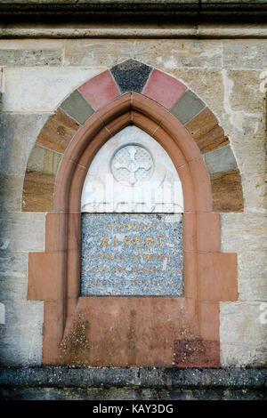 Inscription at the base of the iconic Albert Clock memorial tower built in 1862, a historic landmark in The Square, Barnstaple, North Devon Stock Photo