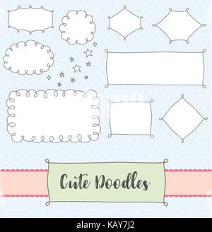 Set of doodle frame cloud and bubble tags with hand drawn shapes. Stock Vector