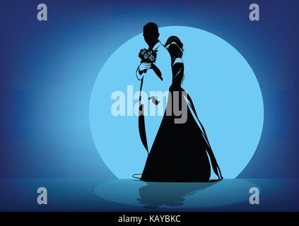 Silhouettes of the bride hugging the groom in the back against the background of the moon - vector Stock Vector