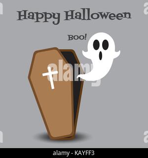 Vector Flat Design Happy Halloween Of A White Ghost With Black Eyes And Mouth Is Floating Out From An Opened Coffin Saying Boo! On Gray Background Stock Vector