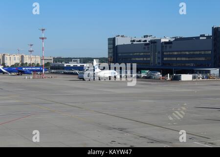 A view from the waiting room on the airfield at Vnukovo International Airport (Moscow) - July 2017. Stock Photo