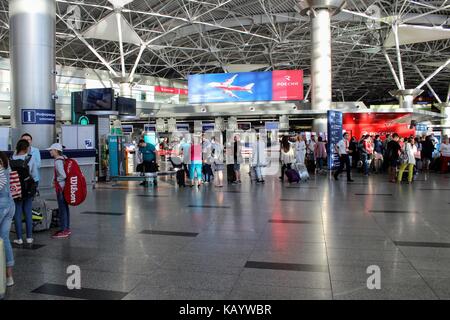 Packing of luggage at the international airport Vnukovo (Moscow) - July 2017. Stock Photo