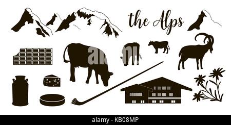 The Alps flat icons. Mountain Matterhorn, Alpine ibex, chalet, edelweiss flowers, alpenhorn Stock Vector