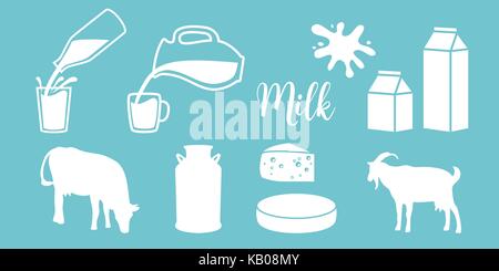 Cow silhouette, diary, cheese, goat, milk can, bottle, jar on blue background. Flat. Concept idea for diary, shop Stock Vector