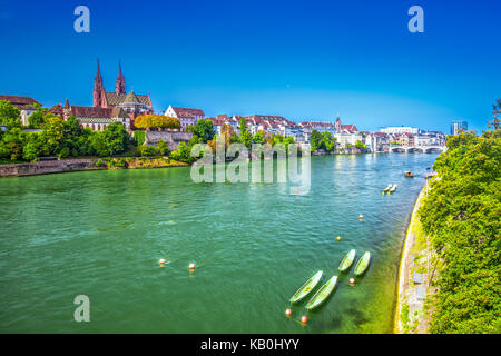 Old city center of Basel with Munster cathedral and the Rhine river, Switzerland, Europe. Basel is a city in northwestern Switzerland on the river Rhi Stock Photo