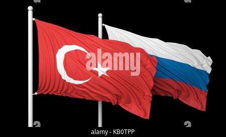 Turkish and Russian flags waving against of black background Stock Photo