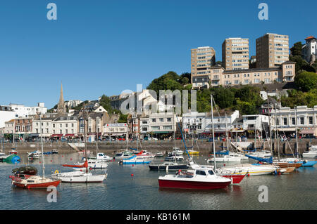 The Inner harbour in Torquay, Devon, UK on a sunny summer's day with clear blue skies. Seafood Coast, English Riviera. South West Coast Path Stock Photo