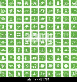 100 summer icons set grunge green Stock Vector