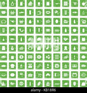 100 supermarket icons set grunge green Stock Vector