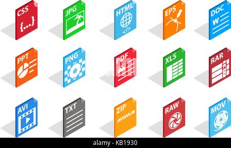Files type icon set, isometric style Stock Vector
